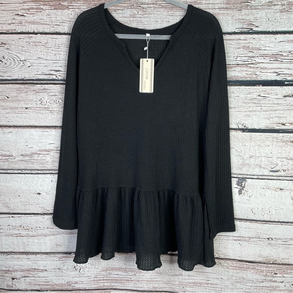 🏷️NWT Chvity Black‎ Waffle Knit Tunic Top Size Large Long Sleeve Pullover Shirt